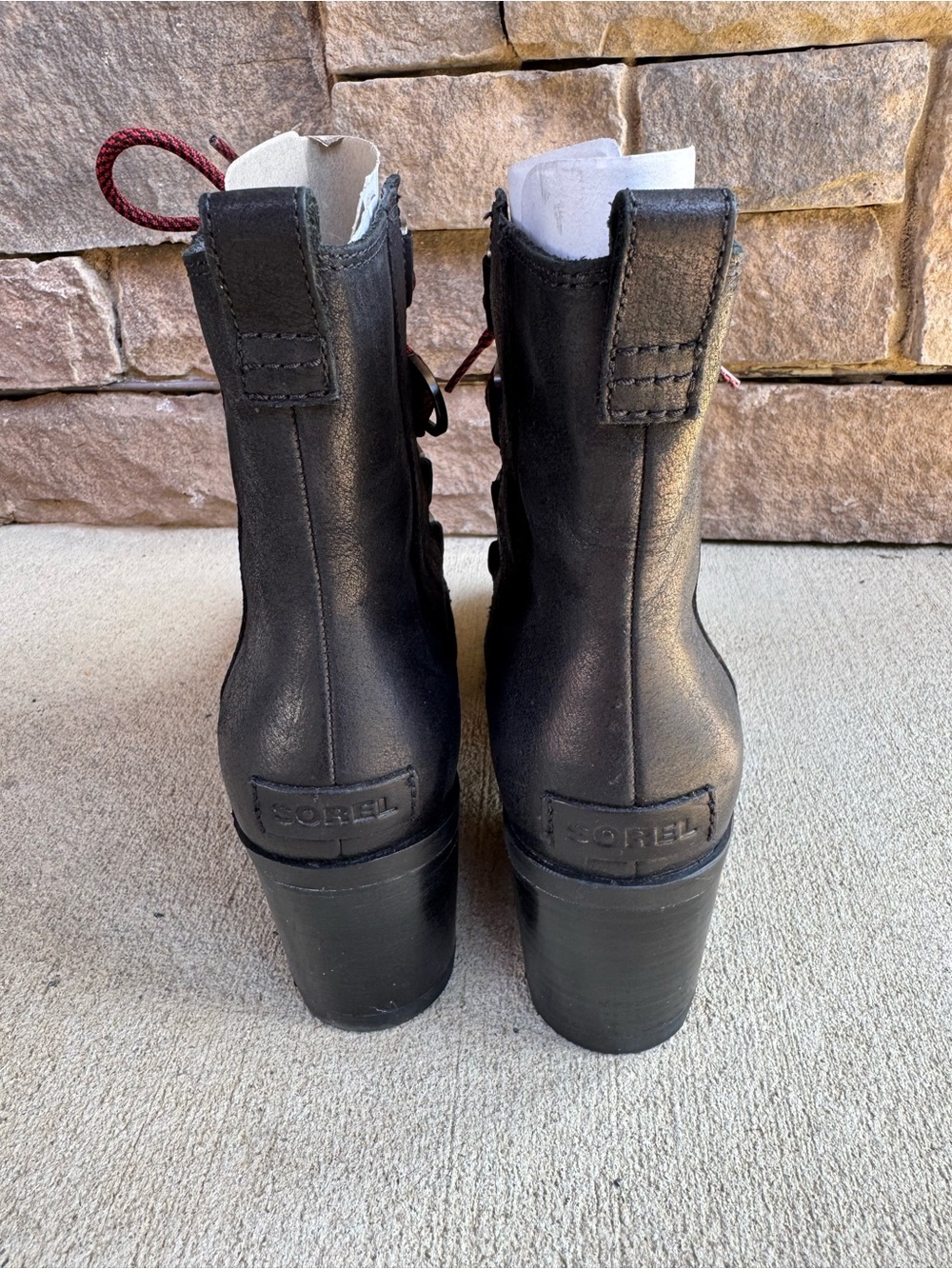 Sorel Cate Lace Ankle Block Heel Boots Black Leather Lace-Up Utility Moto Gorp - Picture 6 of 11